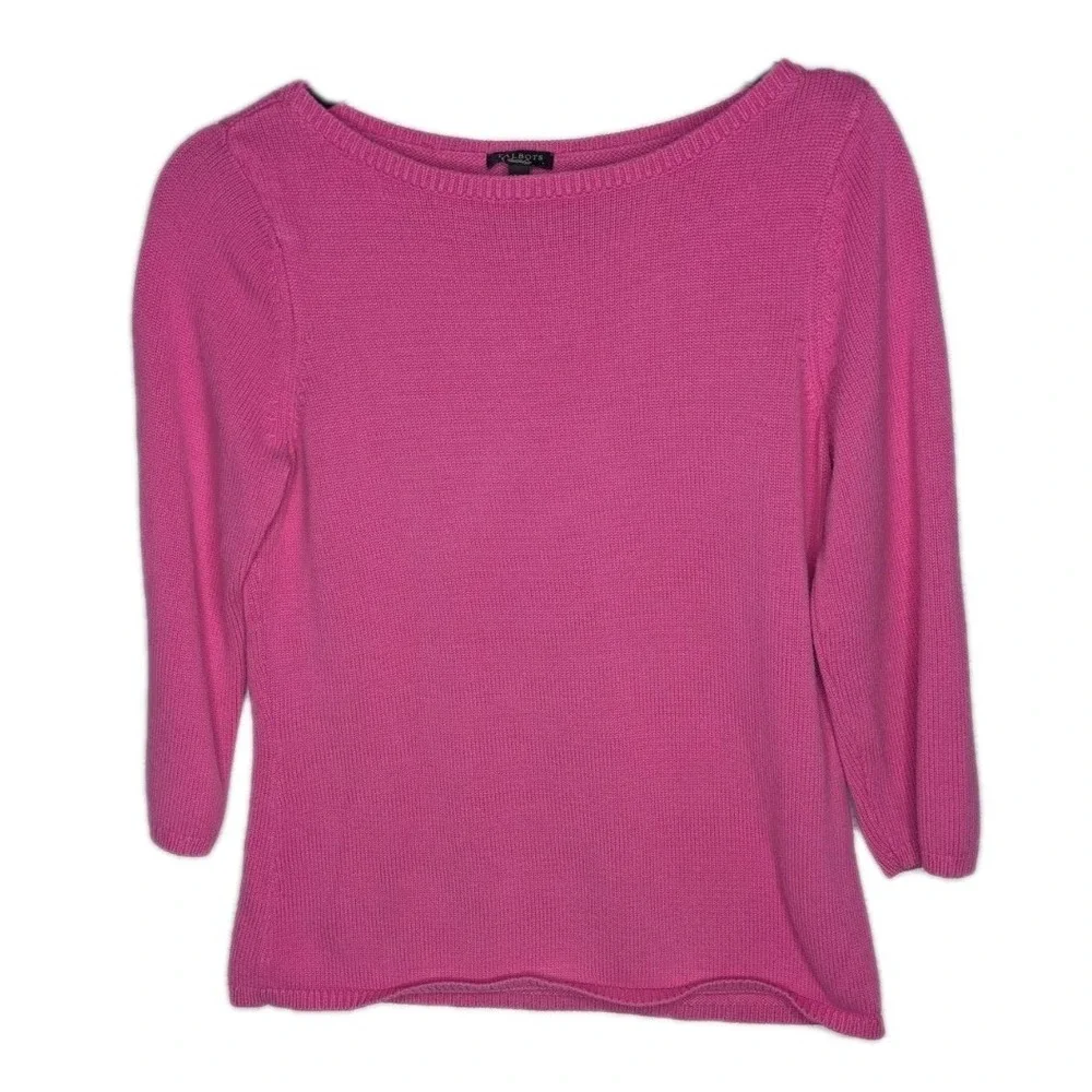 Talbots Womens Sweater Small Boat Neck 3/4 Sleeves Cotton Blend Bright Pink Knit - Picture 1 of 8
